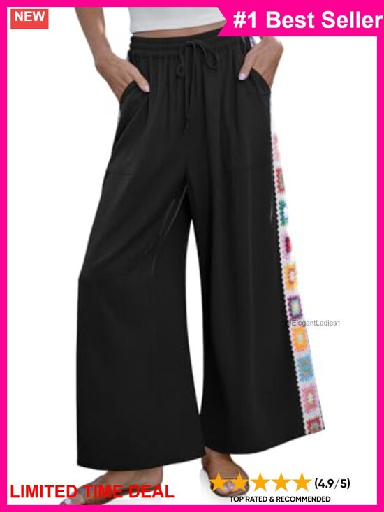 Pants - Wide Leg Linen Blend Palazzo Pants Crochet Trim Drawstring